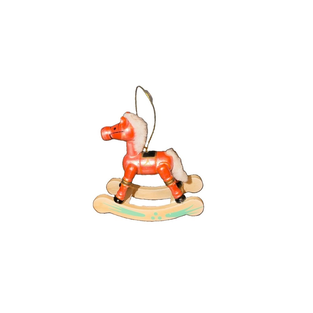 Vintage Wooden Rocking Horse Christmas Ornament Red Fuzzy Mane Tail 1980s Retro